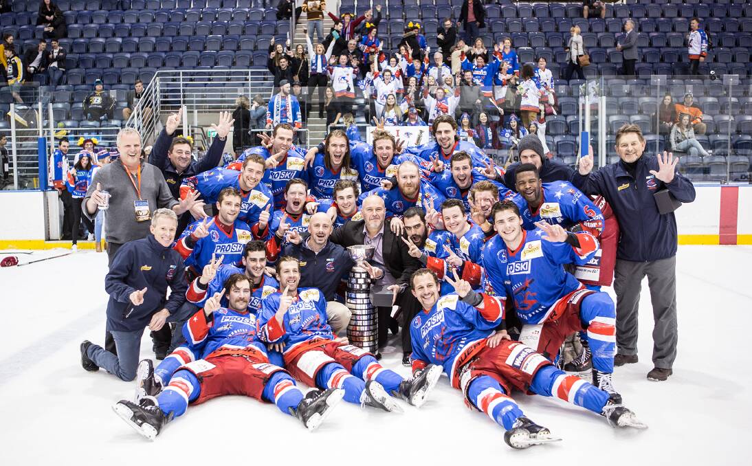 The Northstars in 2016 after winning a sixth AIHL Championship. Tim Stanger is front right. Picture: Pic By Wulos