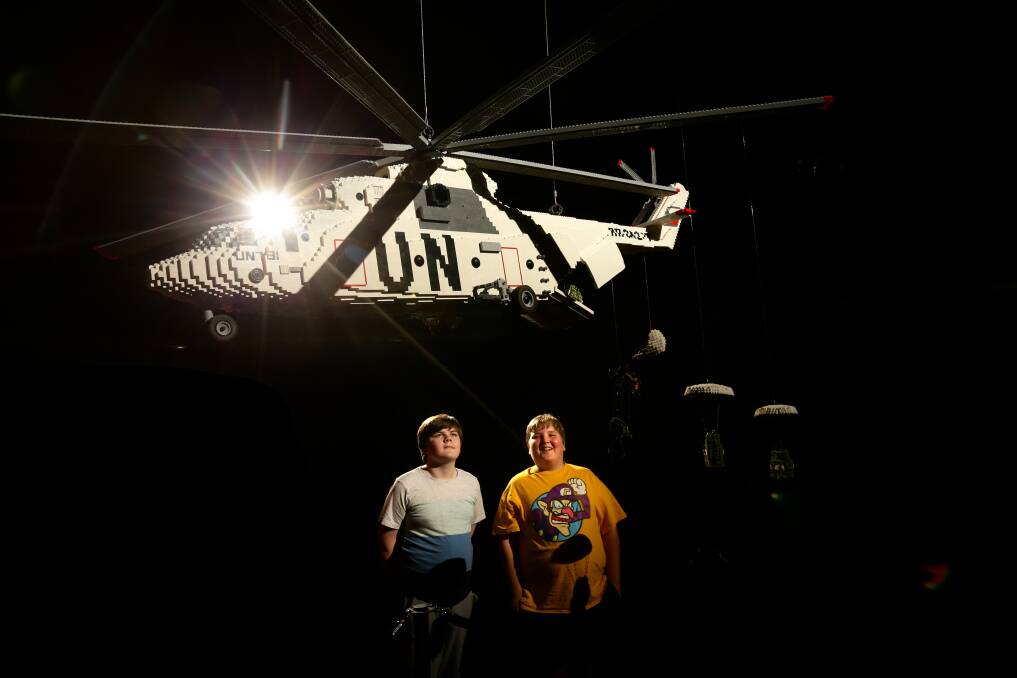 Cousins Michael and Lachlan Mooney at the Brickman Awesome exhibition in Newcastle. Picture: Jonathan Carroll 