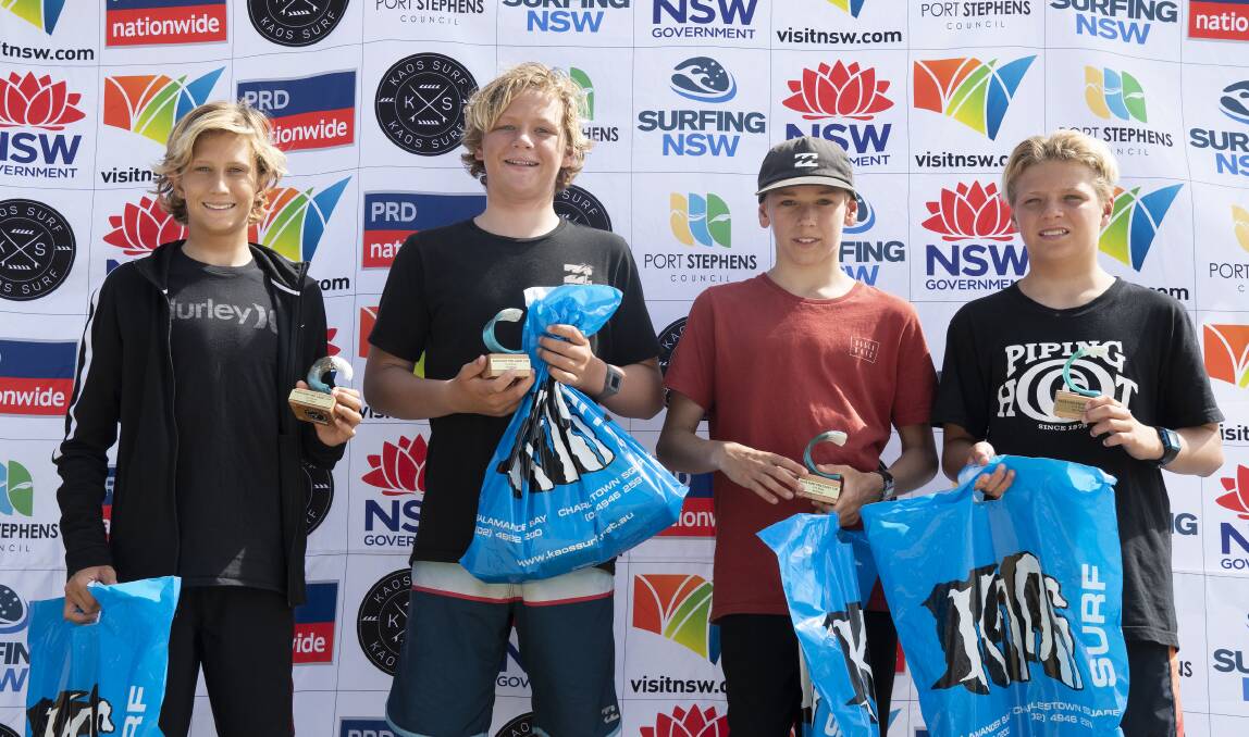 Winter Vincent, Nate Hopkins, Xavier Bryce and Zac Tinson (Merewether) were the top four finishers in the Kaos Surf PRD Cadet Cup under-14 boys division. Picture: Ethan Smith / Surfing NSW