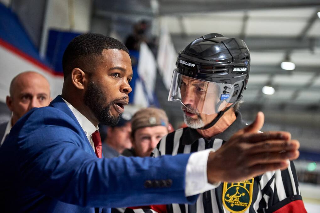 Northstars coach John F Kennedy Jr speaking with referee Rick West in the opening game of the 2019 AIHL season. Picture: PowerPlay Photographics
