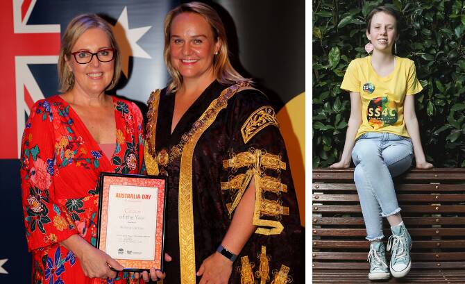REWARDED: Newcastle 2020 Citizen of the Year Michelle Faithfull with Lord Mayor Nuatali Nelmes. Right, Young Citizen of the Year Alexa Stuart, 16.