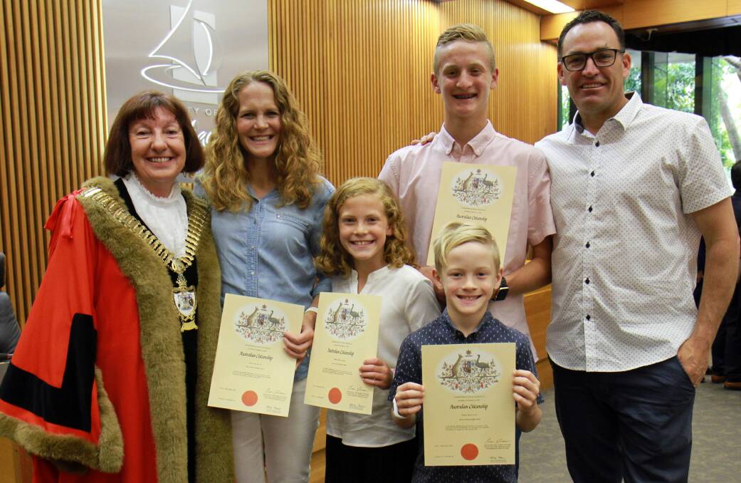 Lake Macquarie City Council Mayor Kay Fraser with Stacy Allen and her children Sydney, 9, Brett, 16, Samuel, 7 and husband Greg.