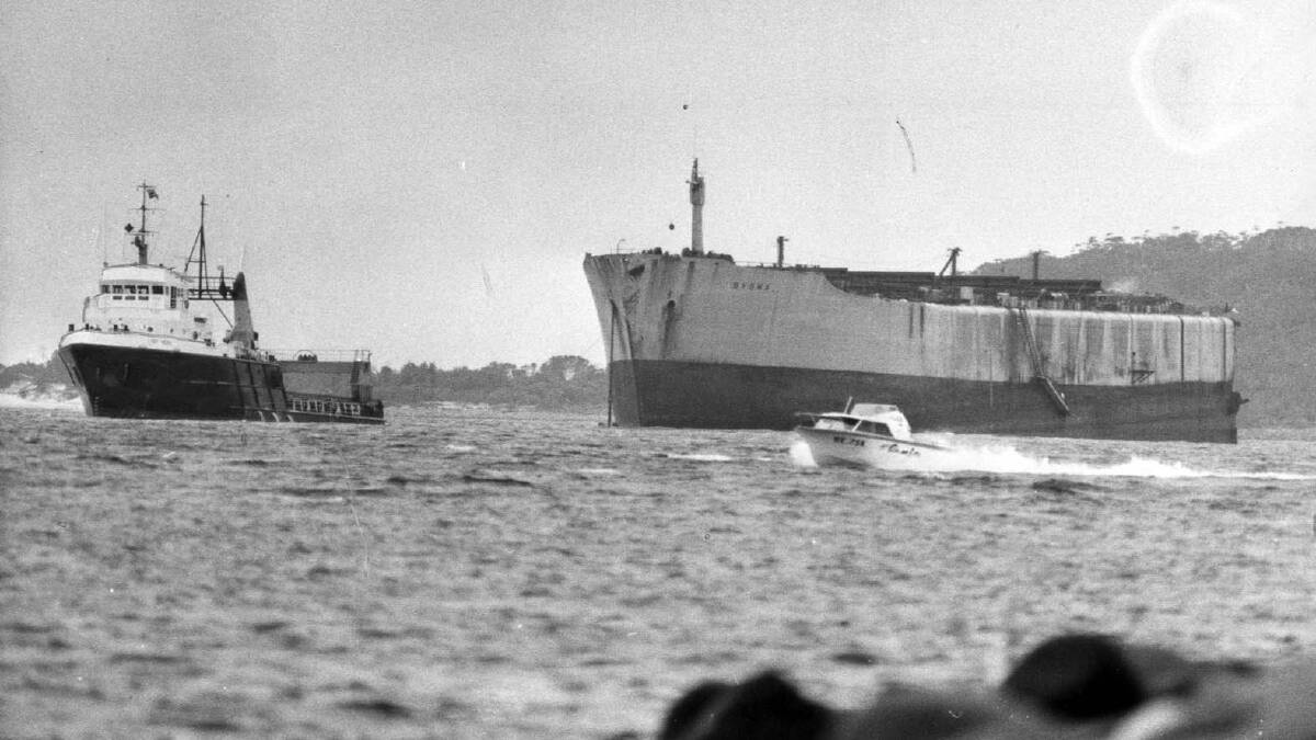 From the Fairfax archive: The Sygna being towed into Nelson Bay in 1974.