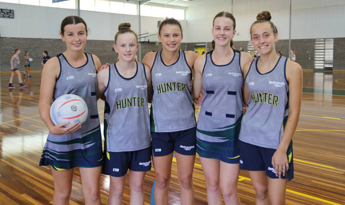 TALENTED: Newcastle Netball Association and 2020 Hunter Academy of Sports athletes Amali Fitzhenry, 15, Hope White, 13, Eve Keeling, 13, Xanthe Rheinberger, 15, and Ella Smith, 14, at Hunter Sports High on Saturday.
