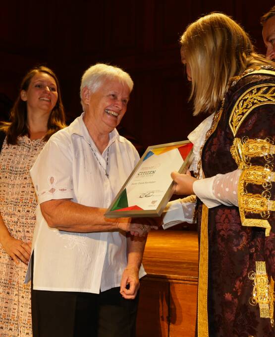 Recognition: Newcastle's Citizen of the Year, Sister Diana Santleben, is presented with her award by Lord Mayor Nuatali Nelmes at Newcastle City Hall.  