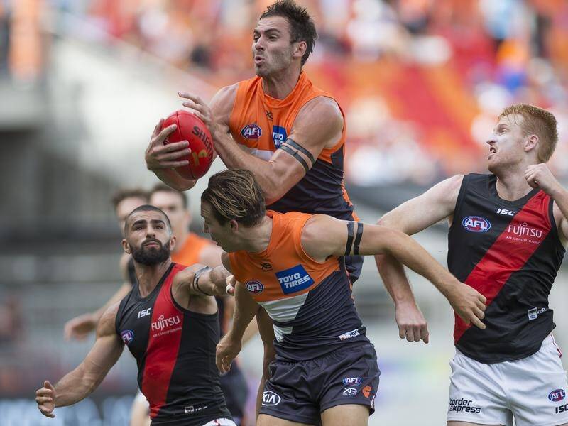 Jeremy Finlayson of the Giants takes a mark in their comprehensive win over the Bombers.
