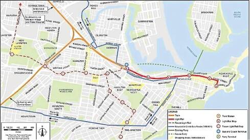 A map showing extension opportunities for the light rail network with the new Wickham interchange, and lines to Hunter Stadium via Hamilton.