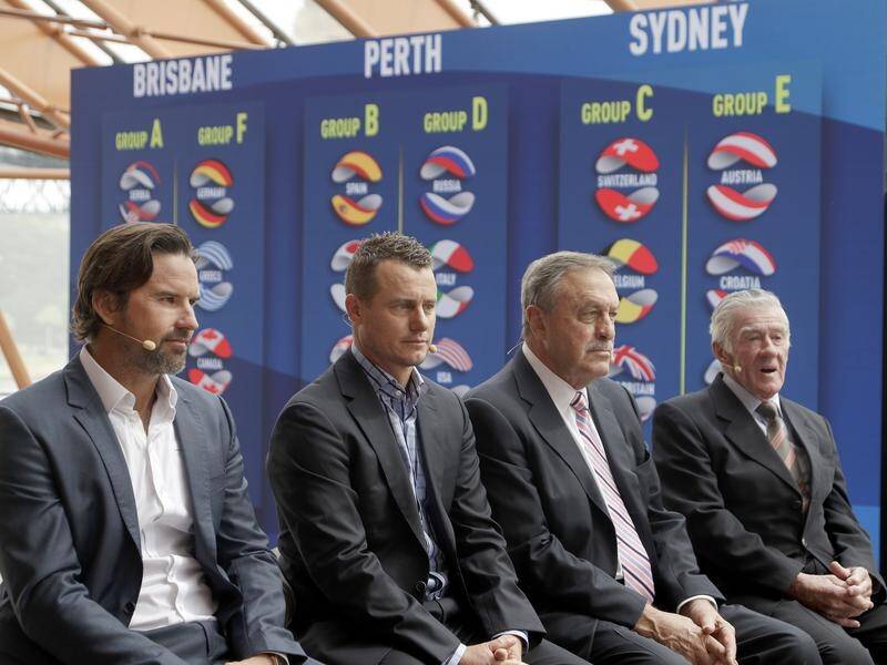Aussie former World No.1s (L to R), Pat Rafter, Lleyton Hewitt, John Newcombe and Ken Rosewall.