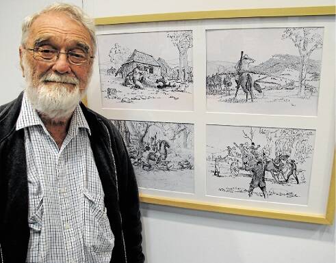 Artist Dudley Lewis at the Telling Tales exhibition at Newcastle Library's Lovett Gallery.