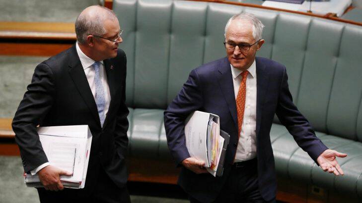 Treasurer Scott Morrison and Prime Minister Malcolm Turnbull during Question Time at Parliament House in Canberra on Wednesday 10 May 2017. fedpol Photo: Alex Ellinghausen