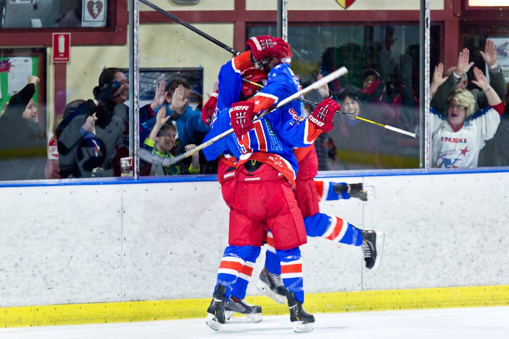 Newcastle North Stars celebrate rookie Hayden Sheard's first goal of the season in the third period against Melbourne Ice.