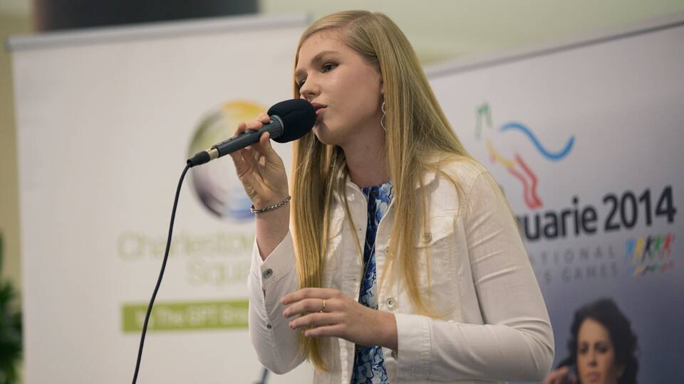 Kotara High School's Emma Masters performs at the Lake Macquarie 2014 International Children's Games voices showcase.