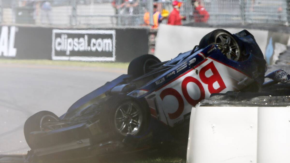 Jason Bright driver of the #8 Team BOC Holden sustains a heavy crash during race three of the V8 Supercars Championship Series in Adelaide. Picture: Getty