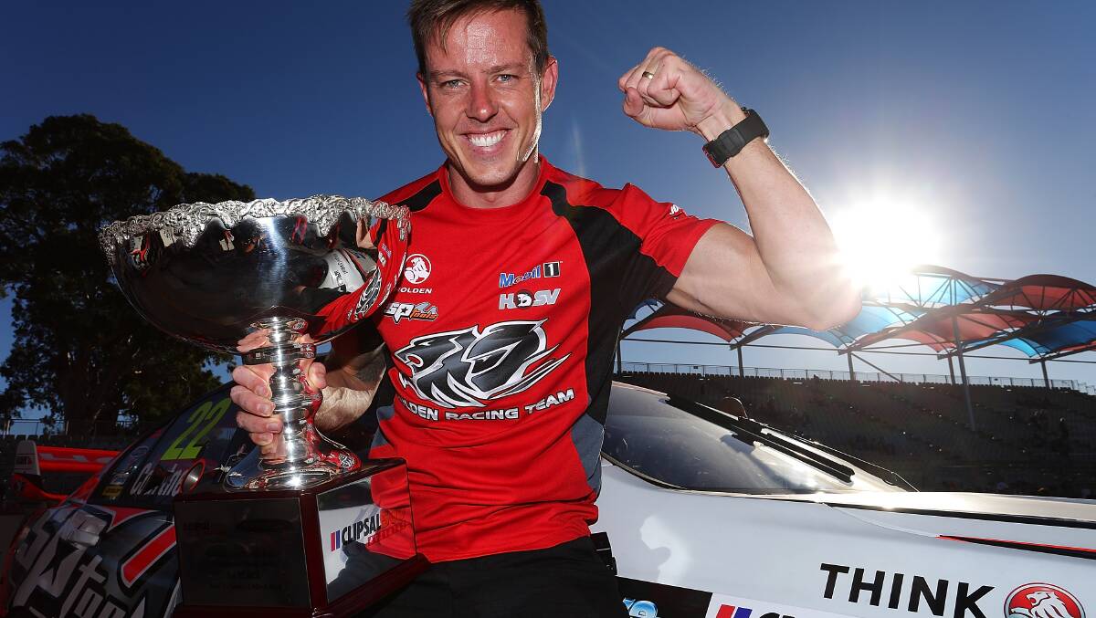 James Courtney driver of the #22 Holden Racing Team Holden celebrates after winning race three after race three of the V8 Supercars Championship Series at the Clipsal 500. Picture: Getty