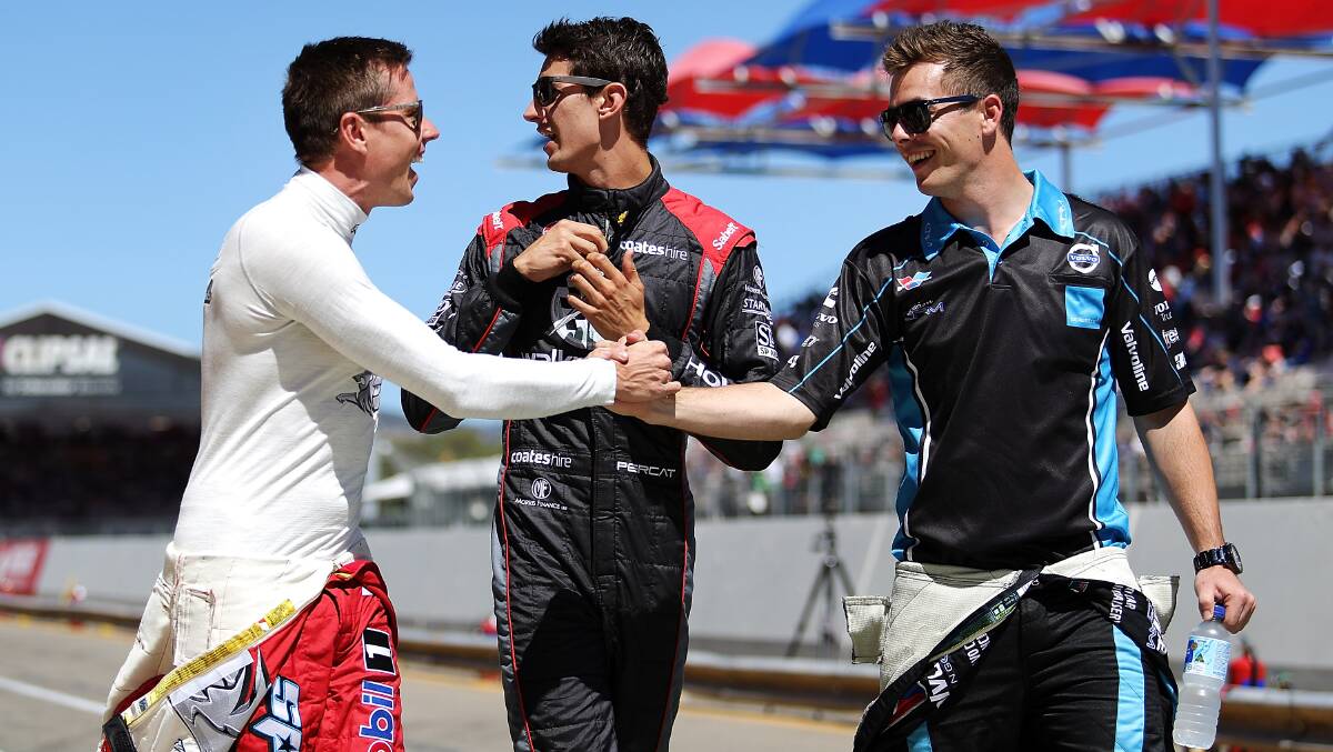 James Courtney, driver of the #22 Holden Racing Team Holden, with Nick Percat, driver of the #222 Walkinshaw Racing Holden, and Scott McLaughlin, driver of the #33 Valvoline Racing GRM Volvo, prior to the Clipsal 500 