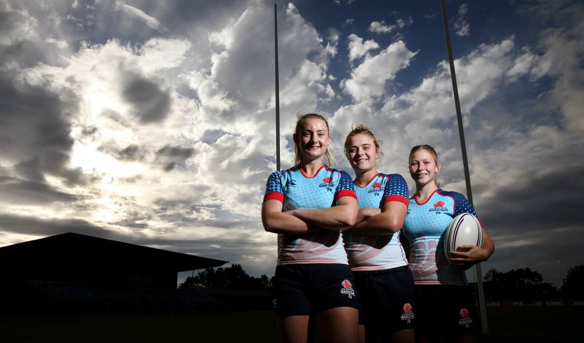 OLD HANDS: Brydie Parker, Hannah Southwell and Layne Morgan already have representative experience in spades for rugby sevens. Sarah Halvorsen, Mel Howard and Cheech Baker also named. Picture: Marina Neil