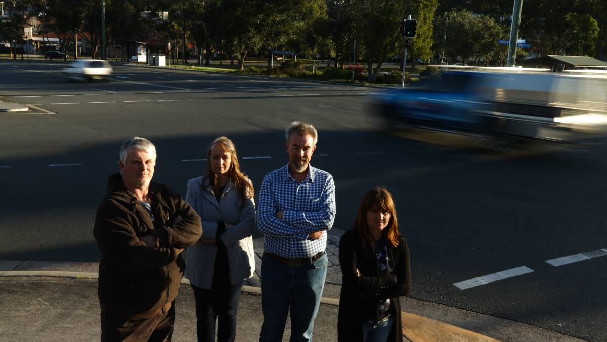 Mount Hutton and Windale Residents Action Group members Ian Hardy, Heather Brezmen, Greg and Susan Foster at the intersection of Dunkley Parade and Tennent Road. Picture: Jonathan Carroll