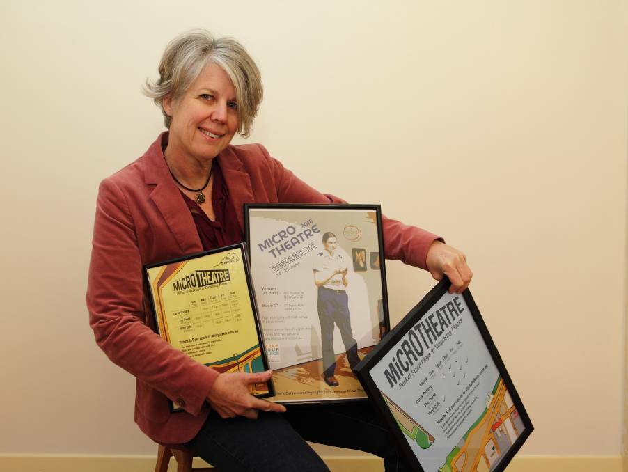 Micro Theatre: Festival director Kate Dun with event posters.