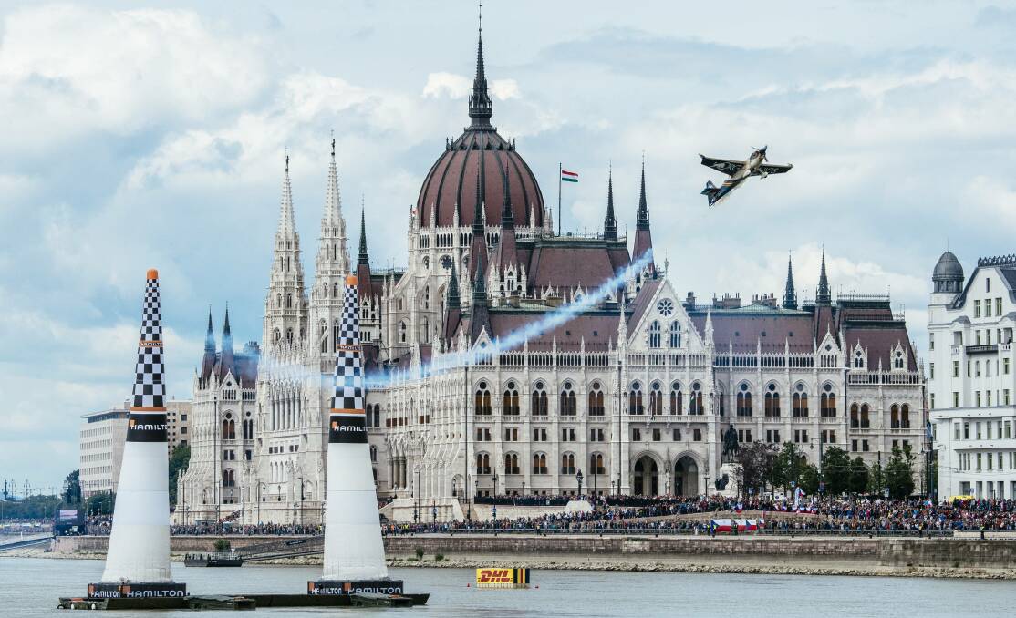 LEADING: Matt Hall climbs over the River Danube in Budapest, where he would finish third and retain control of the championship standings. Picture: Joerg Mitter