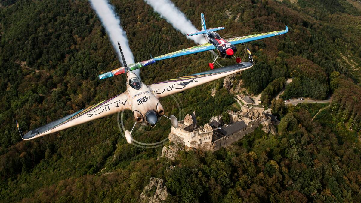 AIRBORNE: Matt Hall Petr Kopfstein (Czech Republic) fly over the Aggstein castle in the Wachau in preparation for the Austrian leg of the Air Race Championship. Picture: Joerg Mitter