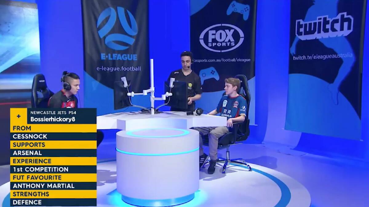 DEBUT: Cessnock's Crow, known as Bossierhickory8 online, is introduced on the E-League broadcast for the first time, alongside an information 'cheat sheet'. Picture: screenshot.