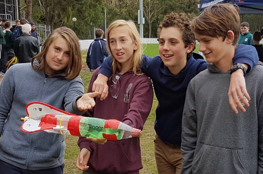 BLAST OFF: Newcastle Waldorf School's Darcy Crofts, Rowan Dale, Harry Miller, Patrick Scobie took top spot in the STEM junior division for rockets. Picture: supplied.