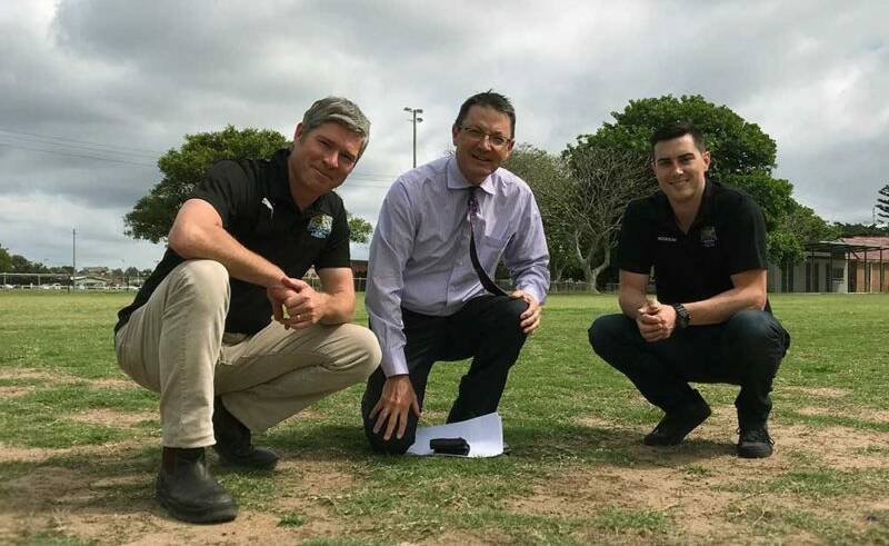 BOOST: Parliamentary Secretary for the Hunter Scot MacDonald (centre) at National Park Sportsground with Cooks Hill United Football Club committee member David Morley (left) and club facilities manager Lee Bateman (right). Picture: Supplied