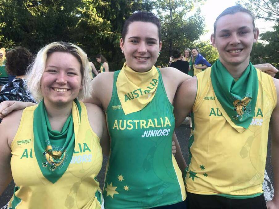 BIG HITTERS: Chloe "Rascal" Duguid, Ella "Ironstein" Ruddy and Owen "Red R'OWE'ch" Squires represented Australia at the Junior Roller Derby World Cup in Philadelphia. Picture: Neil Morris
