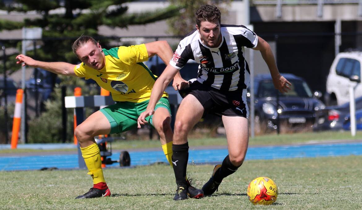 HEATED BATTLE: Cooks Hill walked away with three points in the sweltering season opener, thanks to a Lee Ashton goal in the seventh minute. Picture: Valentine Sports Photography