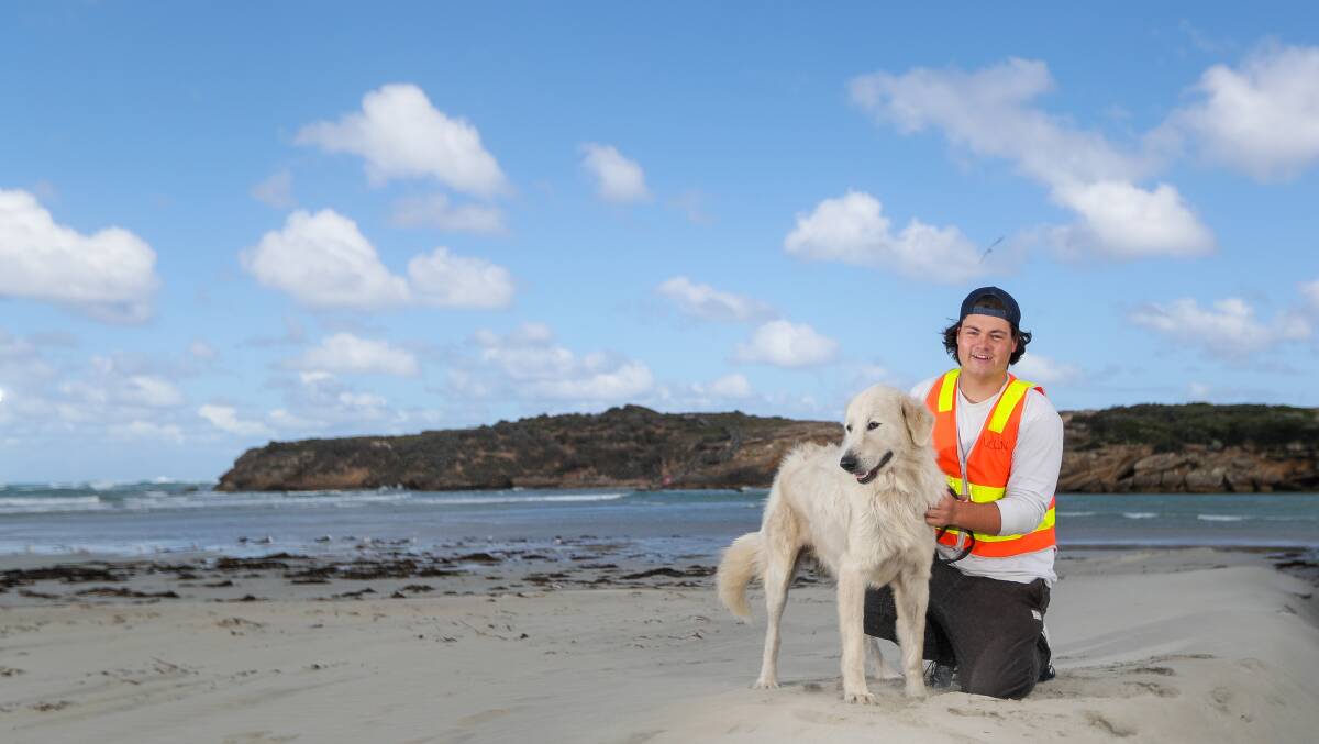 TOP dogs: Maremma project coordinator Tom Stanfield and Amor the dog in front of Middle Island ... "The work the dogs do on the island is amazing for conservation and tourism in Warrnambool." Picture: Morgan Hancock
