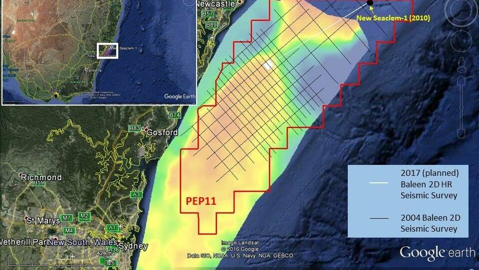 Satellite image of the area of the NSW east coast where seismic testing is proposed. Picture: National Offshore Petroleum Safety and Environmental Management Authority