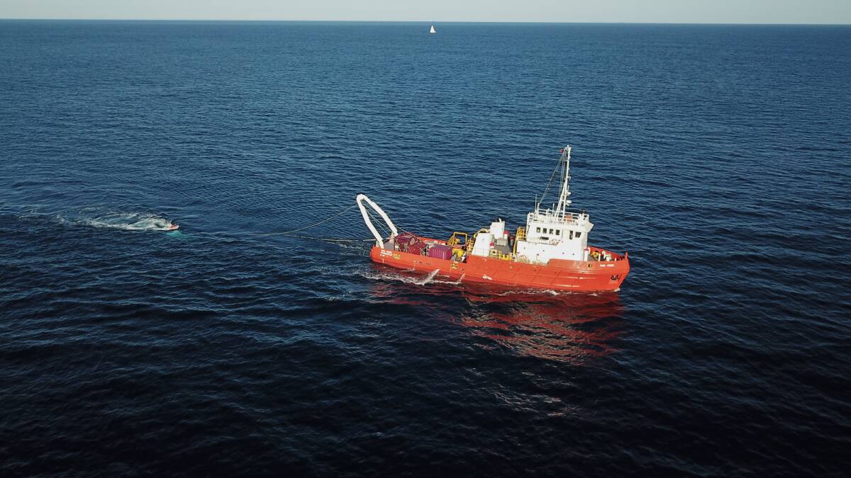 Drone footage of PMG Pride, the vessel conducting seismic testing about 30km off the coast of Newcastle.