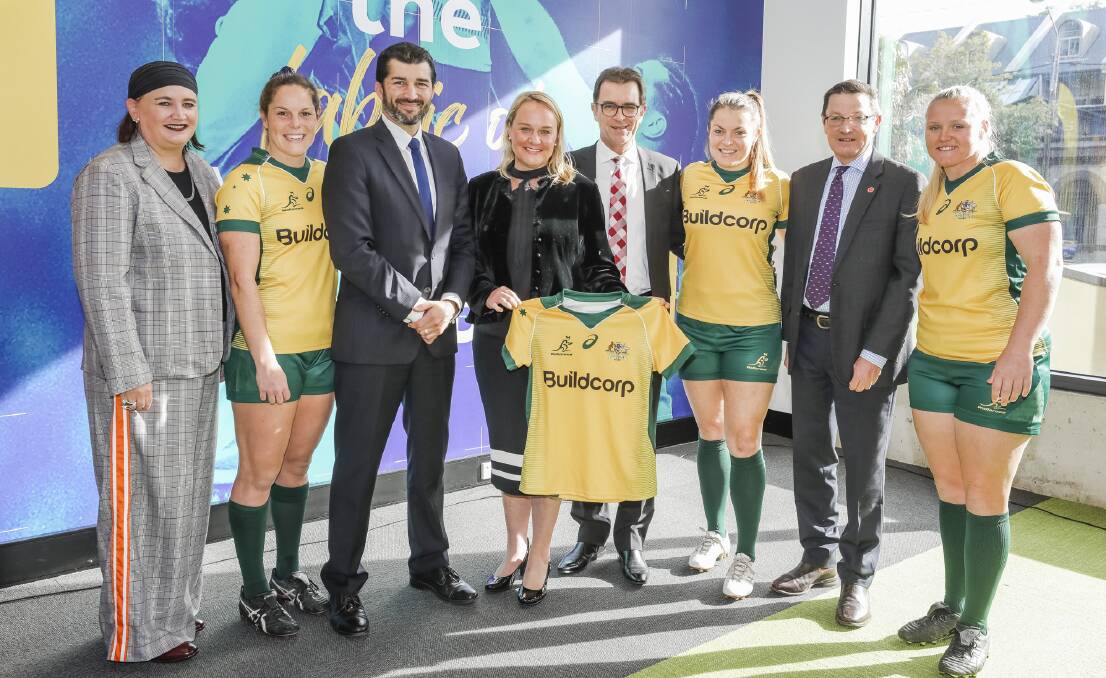 Aiming high: Newcastle Lord Mayor Nuatali Nelmes (fourth from left) along with players and officials help launch the bid to host the 2021 Women's Rugby World Cup.