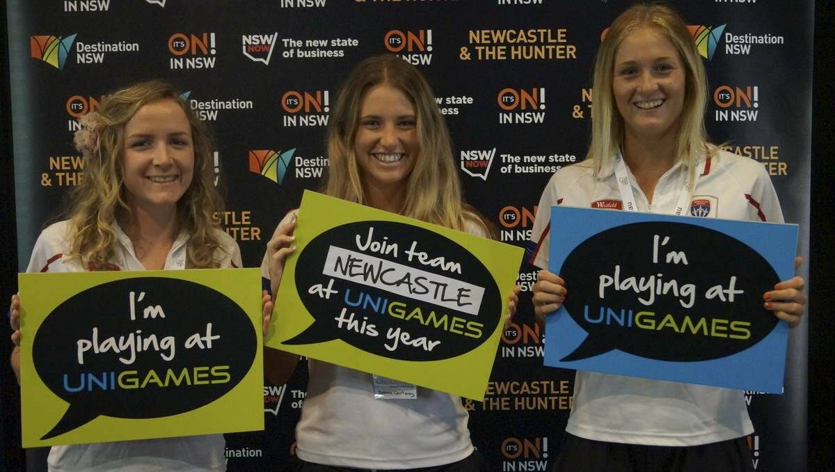 GAME TIME: University of Newcastle students and W-League players Rhali Dobson, Jasmine Courtenay and Tara Andrews at the 2014 Eastern University Games launch.