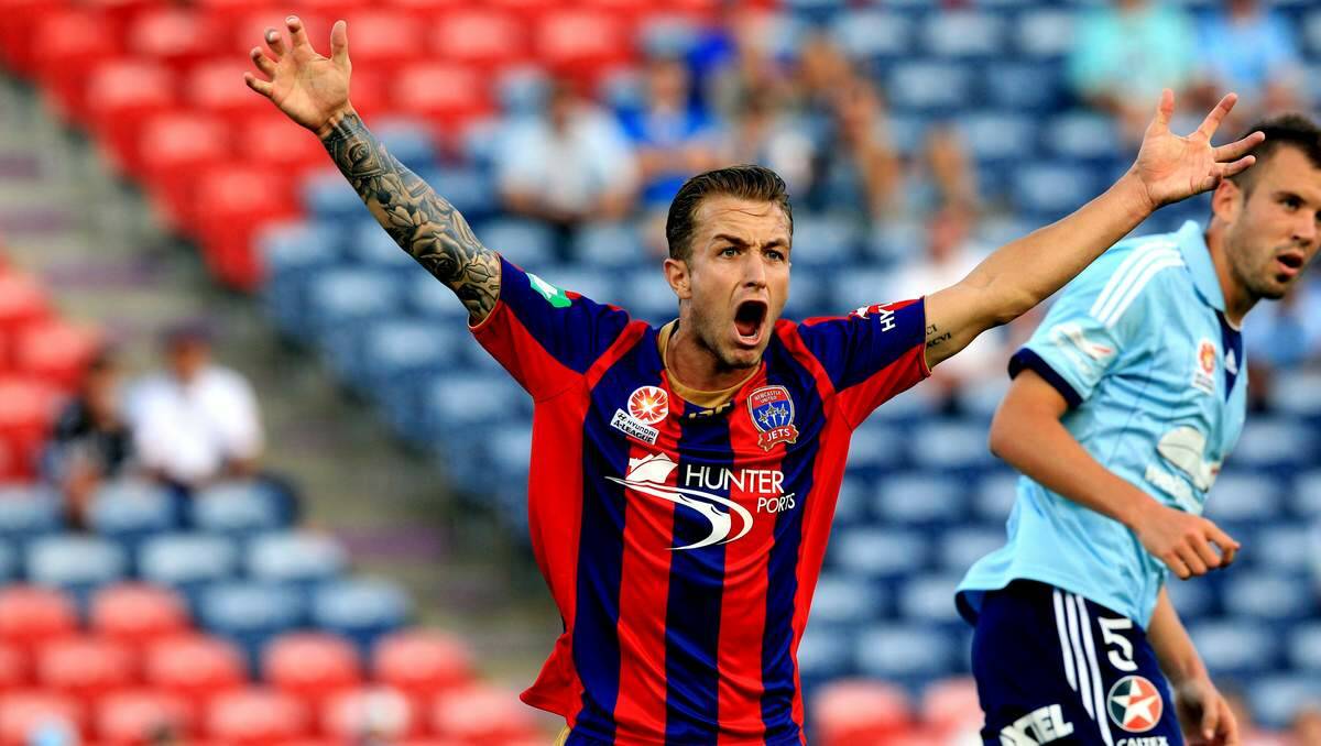 UNBELIEVABLE: Newcastle Jets striker Adam Taggart shows his frustration on the field on Saturday. The Jets lost 2-0 to the Sky Blues of Sydney.