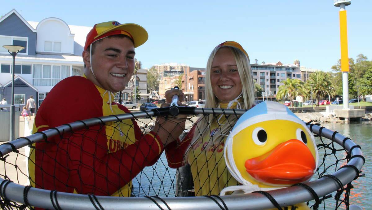 Australia Day duck wranglers Maddy Blick (16) and Zach Donnelly (16), both from Nobbys Surf Life Saving Club.