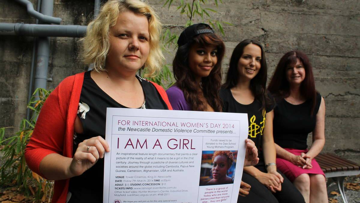 International Women's Day film screening of I am a Girl - organiser Astrid Gearin, singer Jade Nwokedi, Amnesty Newcastle Amanda Macokatic and Sue Collins, from the Newcastle Domestic Violence committee.