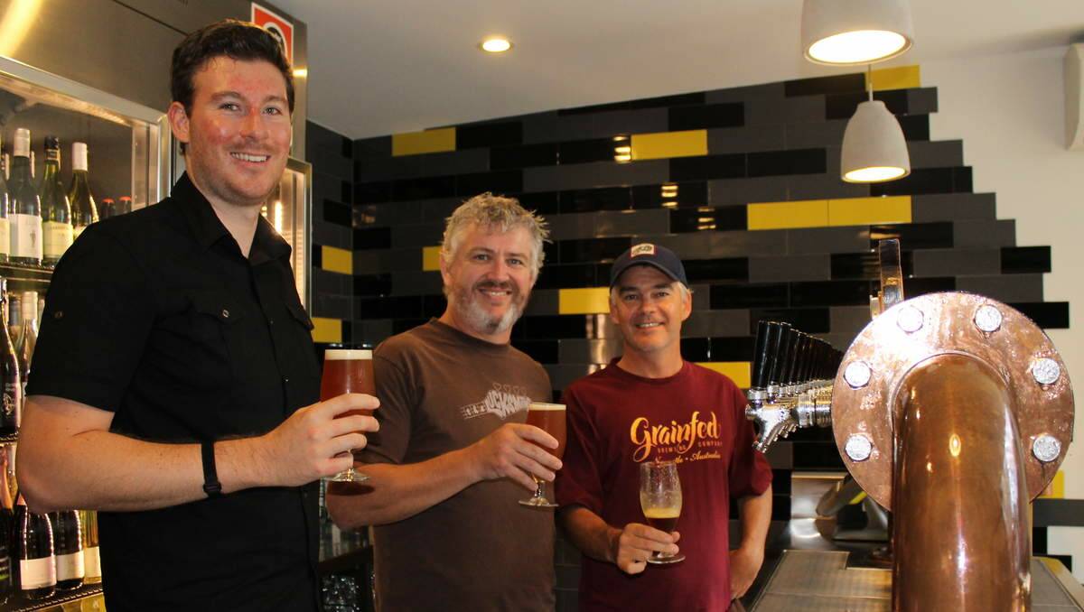 The Hop Factory owner Matthew Jeffrey with Craft Beer Industry Association executive office Chris McNamara and Grainfed's Lachlan MacBean.
