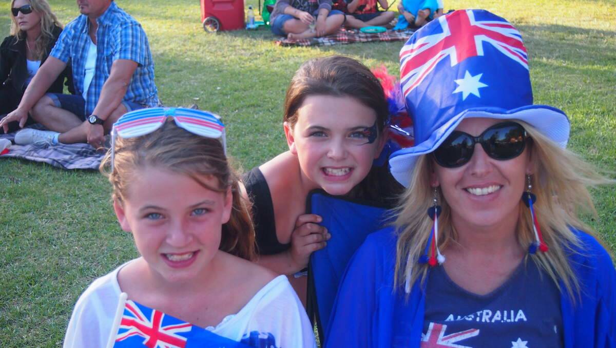 Flag Fans The McGhees of Rathmines – twins Holly and Michelle, 10, with mum Paige - at the Lake Macquarie Festival, Speers Point on Australia Day