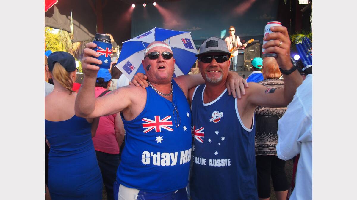 Jacko Harris of Edgeworth and a mate enjoy the Radiators at the Lake Macquarie Festival, Speers Point on Australia Day.