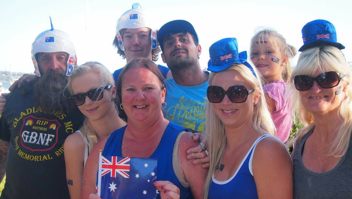 Bones Bamford of Warners Bay with Jake Mayo of Edgeworth, Dean Lewis of Barnsely and his daughter Bonnie, 5, (front) Brooke Mayo of Edgeworth with mum Tracey, Jenna Lewis of Barnsley and Morgan Jackson of Warners Bay at the Lake Macquarie Festival, Speers Point on Australia Day.